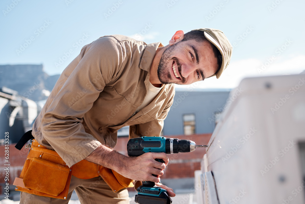 Engineer man, roof and portrait for air conditioning maintenance, smile or building in city for cons