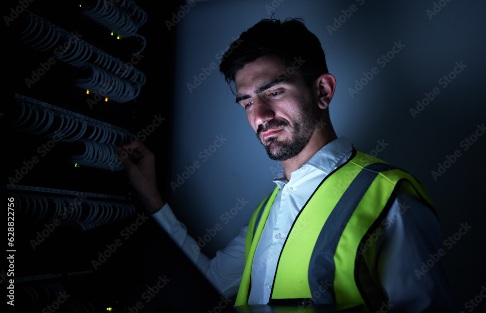 Engineer man, thinking and night in server room for information technology, maintenance and check ca