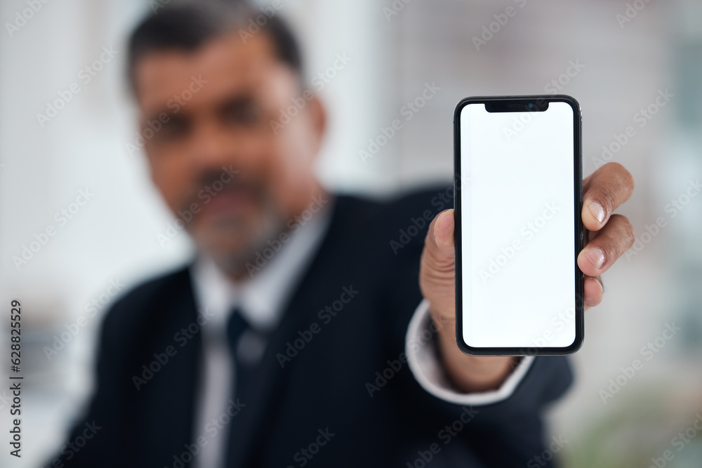 Hands, man and show phone screen in office, mock up space and logo for communication brand. Business