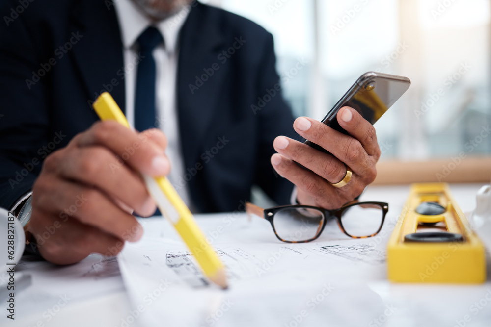 Phone, hands and pencil of architect man in an office with a blueprint, drawing or floor plan projec