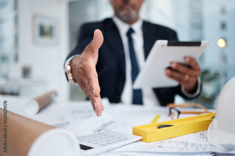 Hand extended, architect and a man in office for a handshake for welcome greeting or deal. POV of ma