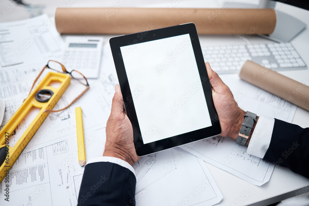 Hands, tablet and blank screen with architect man, desk and mockup space for logo, brand or planning