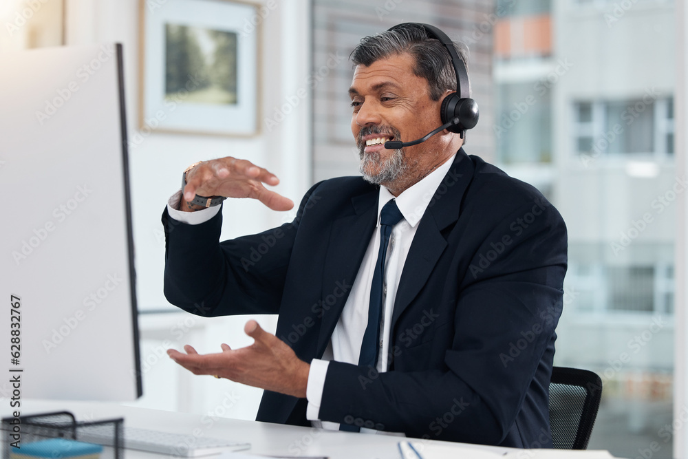 Video call, customer service and mature man on computer for communication in callcenter. Smile, webi