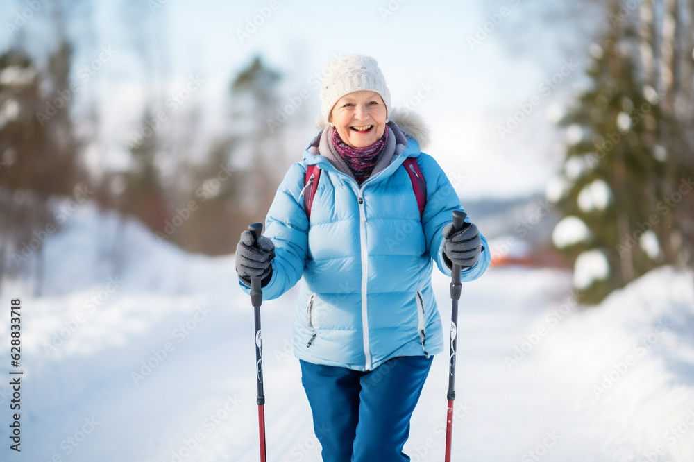 Senior woman doing nordic walking in the snow