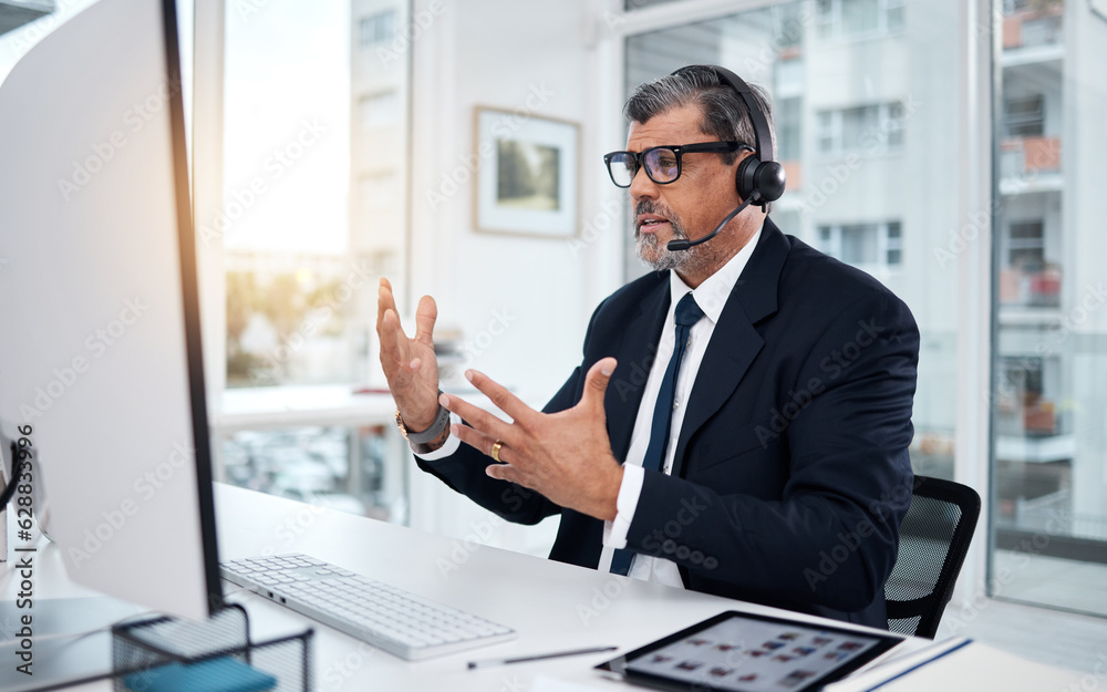 Customer service, video call and mature man on computer for communication in callcenter. Serious, we