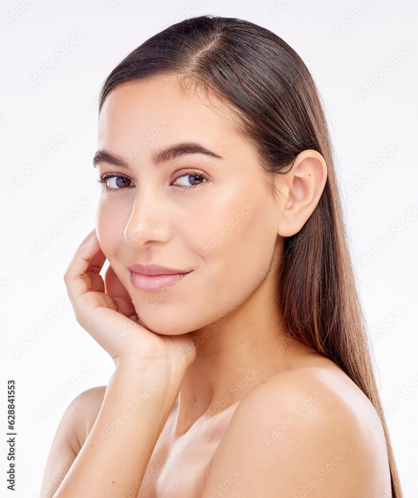 Beauty, studio portrait and cosmetics woman shine with anti aging skincare, aesthetic facial glow an