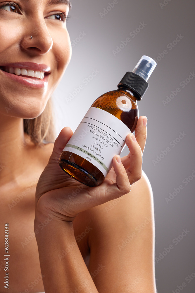 Beauty, happy woman and cleanse wash spray for morning bathroom routine, skincare hydration treatmen