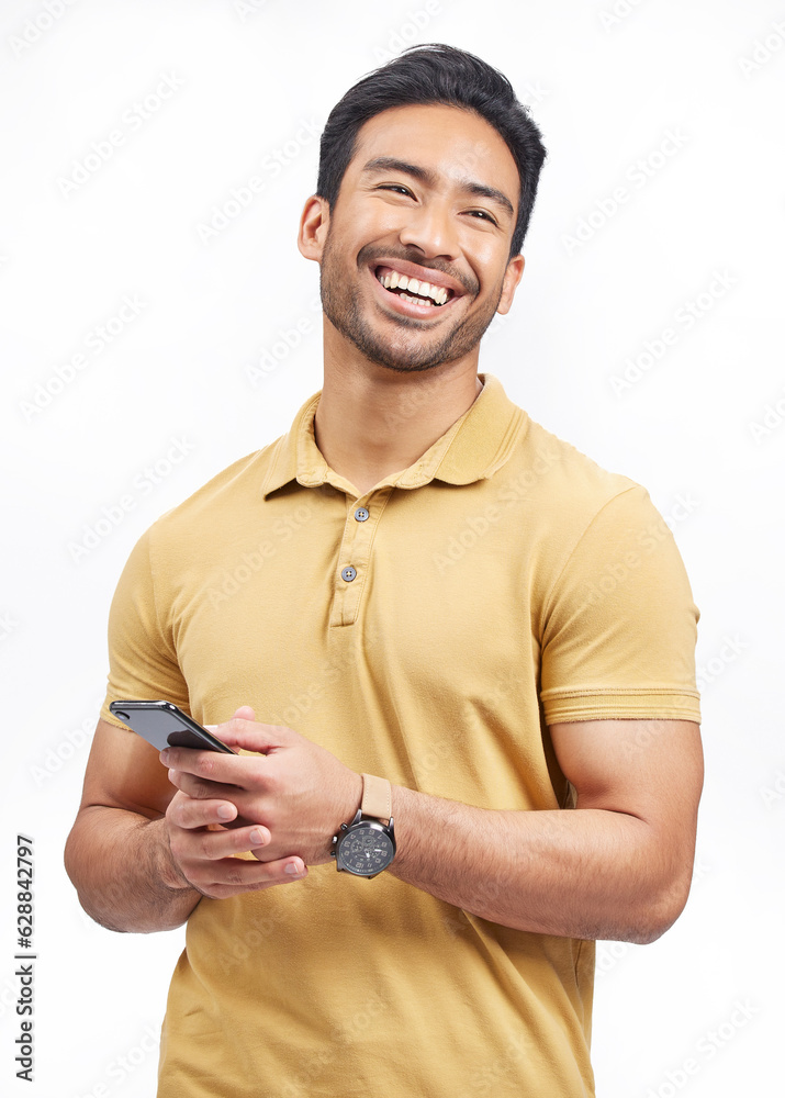 Happy, funny and Asian man with a smartphone, connection and social media on a white studio backgrou