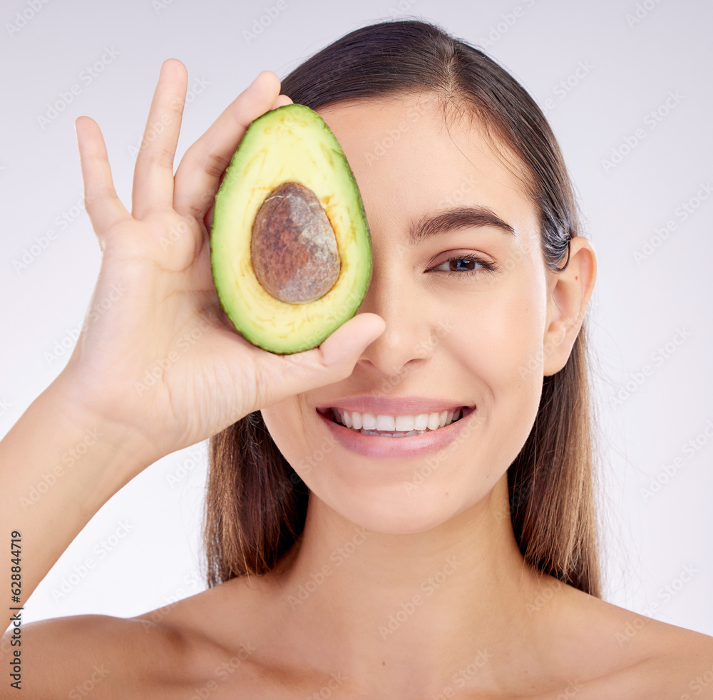 Face, skincare and woman smile with avocado for beauty cosmetics isolated on a white background in s