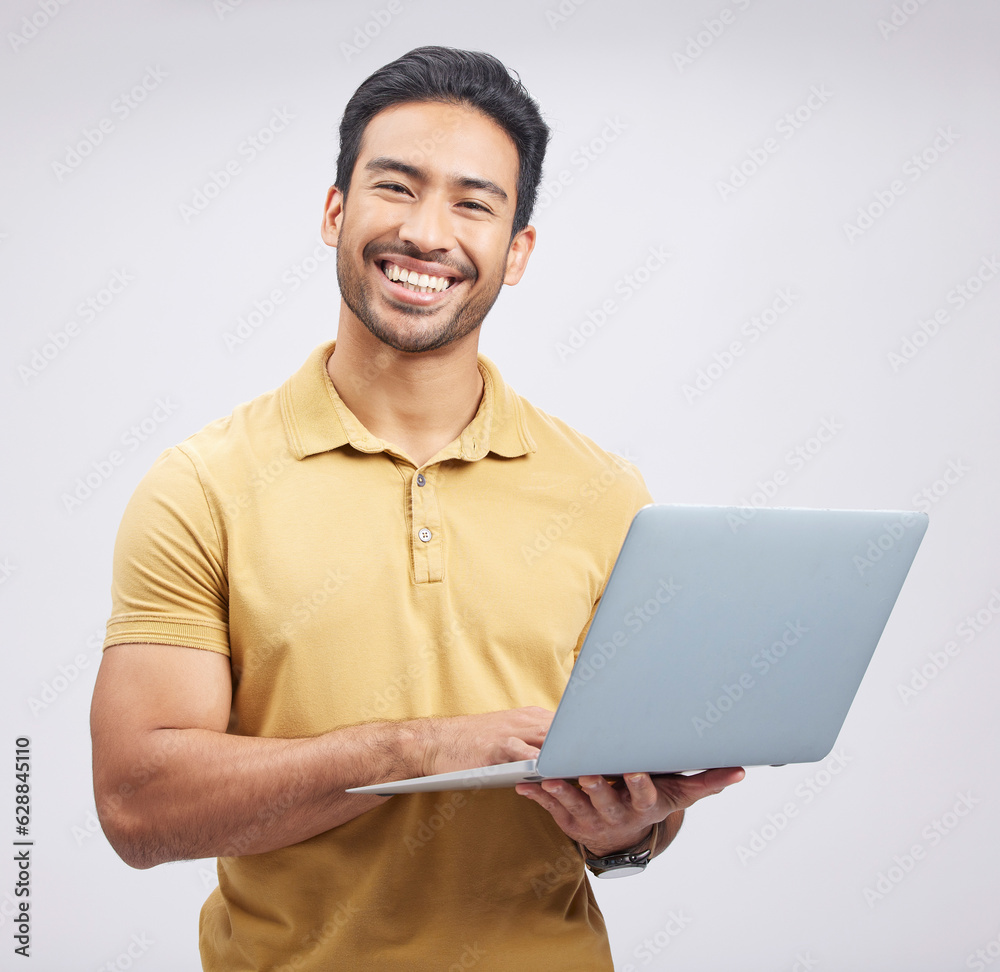 Portrait, smile and man with laptop, network and internet connection on a white studio background. M