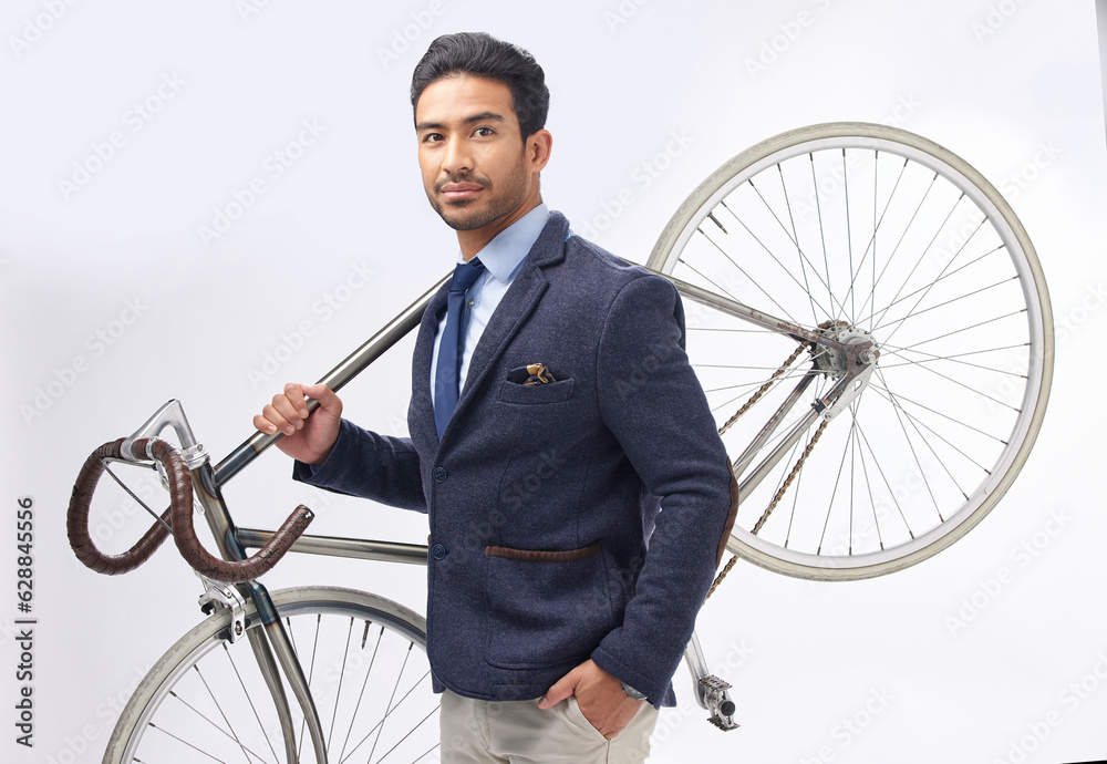 Business man, bicycle and studio portrait with retro suit, sustainable transport or pride by white b