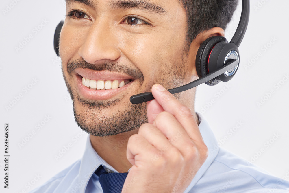 Face, smile and headset with a call center man in studio on a white background for customer service 