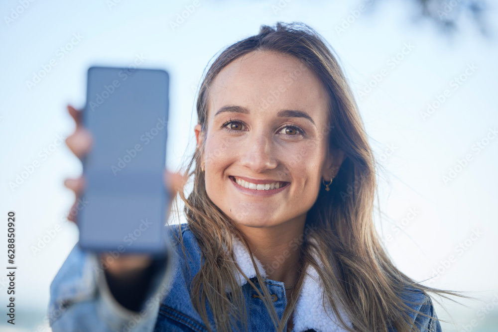 Phone, screen and outdoor portrait of woman with social media, blog or post online with network conn