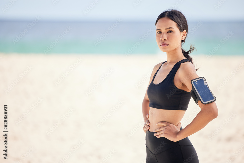 Serious woman, portrait and fitness on beach for workout, training or outdoor exercise in confidence