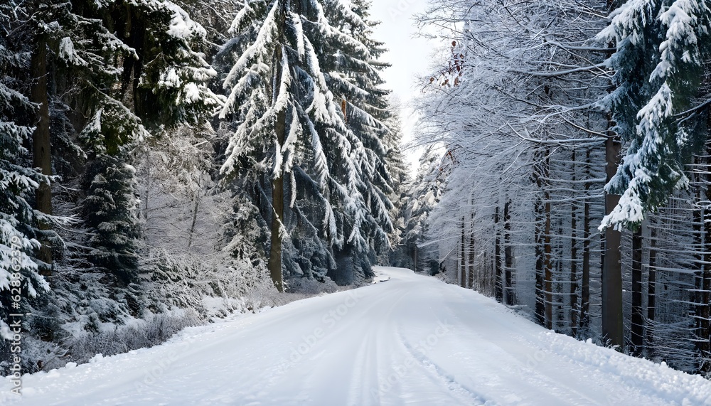 snow covered trees.  Icy Road Trough Forest. Winter Sonw Covered Spruce Trees. Aerial Top Down Drone