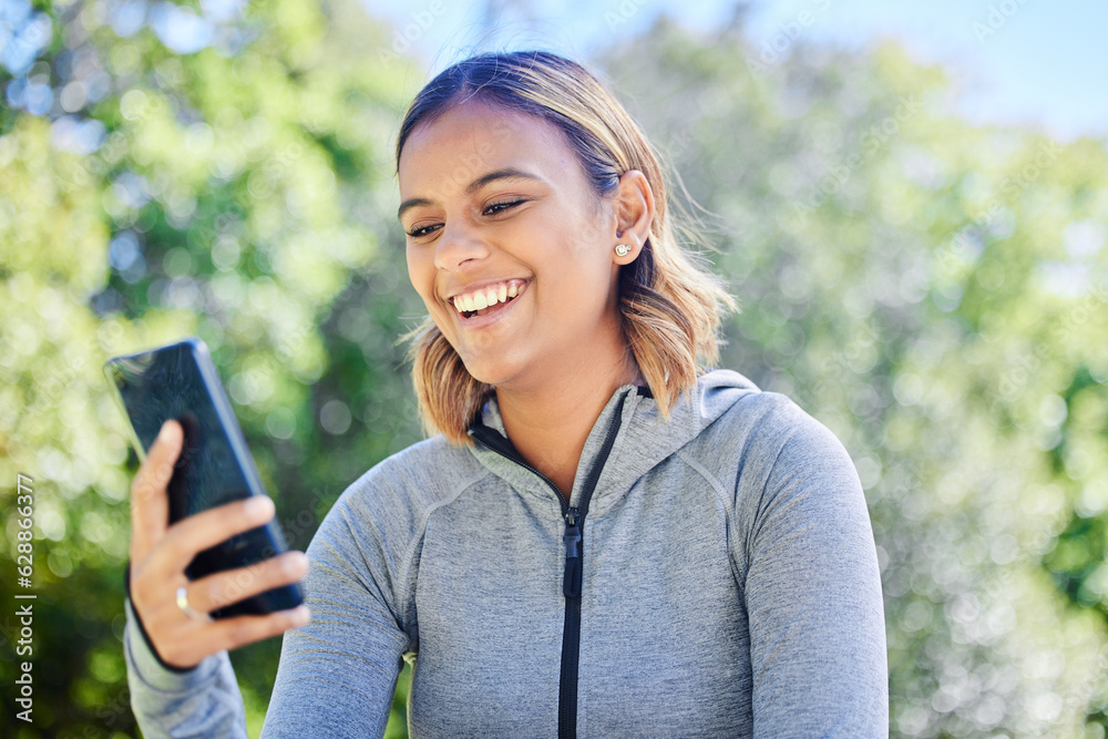 Phone, laughing and a happy woman outdoor at a park with internet connection and communication. Youn