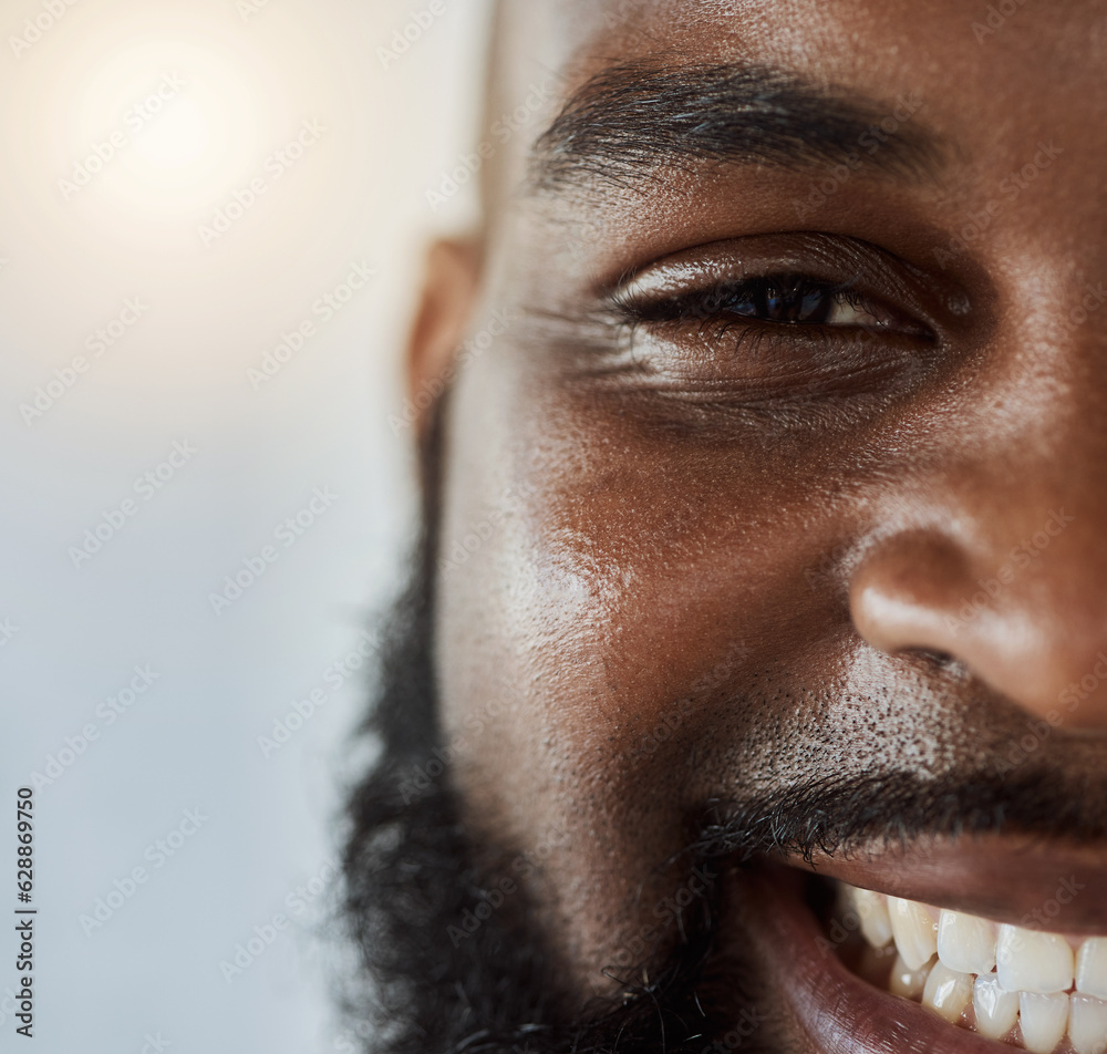 Black man, face and portrait smile with teeth for dental care or hygiene against a studio background