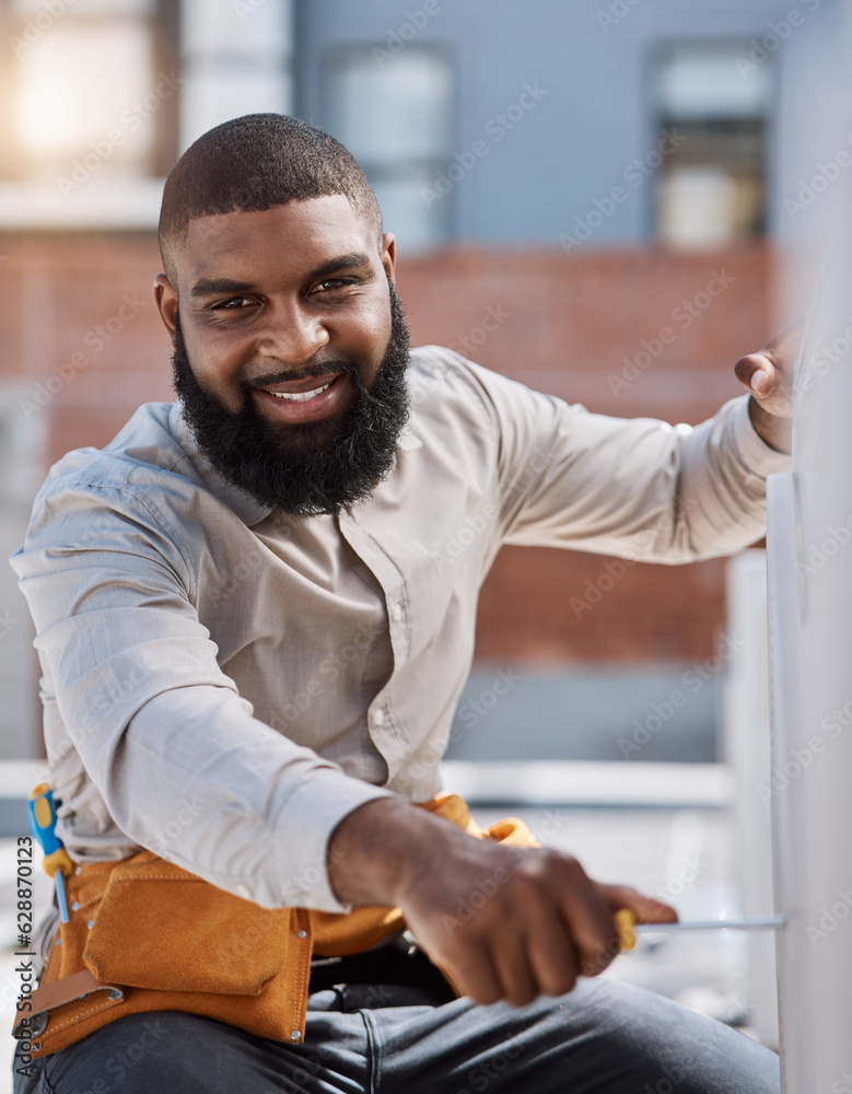 Portrait, engineer and air conditioner install with a black man on a roof for construction or manual