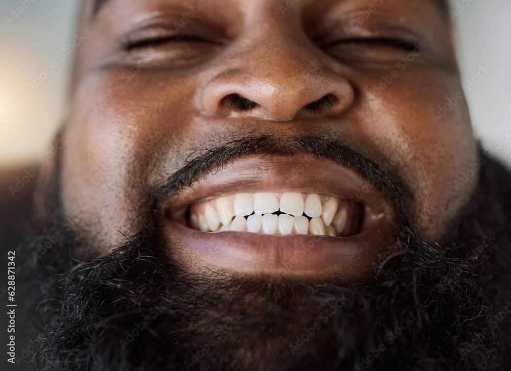 Black man, face and smile with teeth for dental care or hygiene against a studio background. Closeup