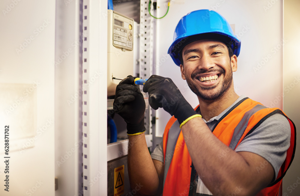 Electrician, repair and portrait with man in control room for tools, mechanic or safety. Electricity