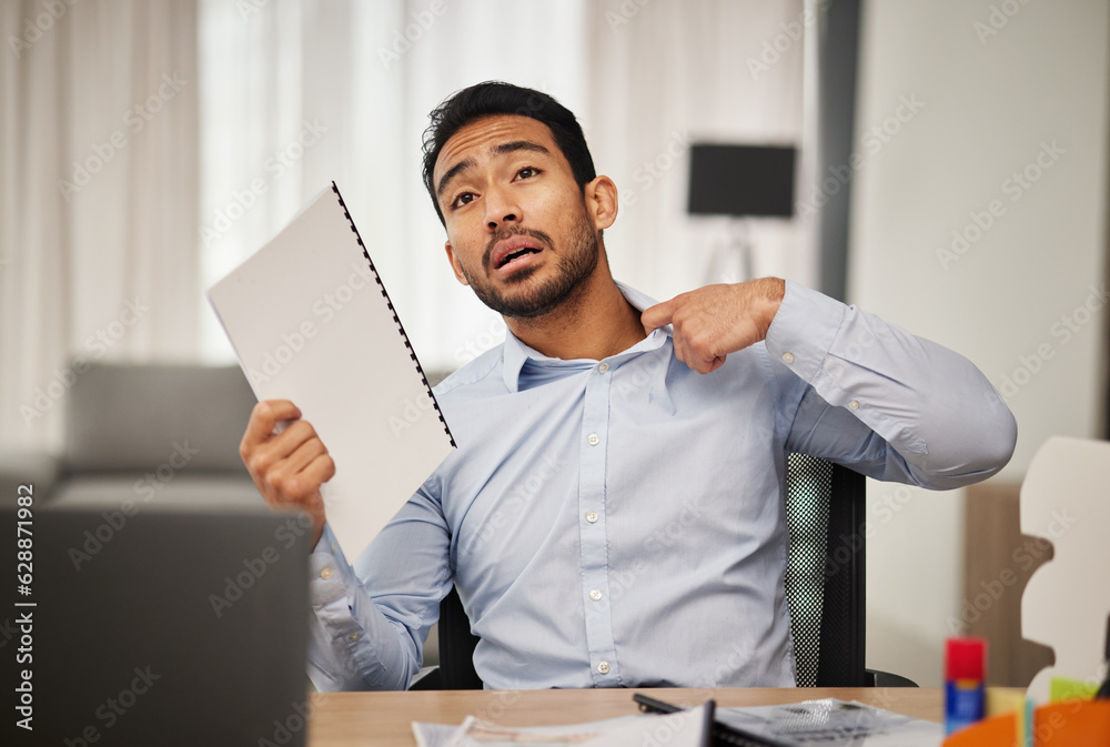 Hot, heat and businessman with stress due to debt and shocked fan with paperwork and is sweaty in ho