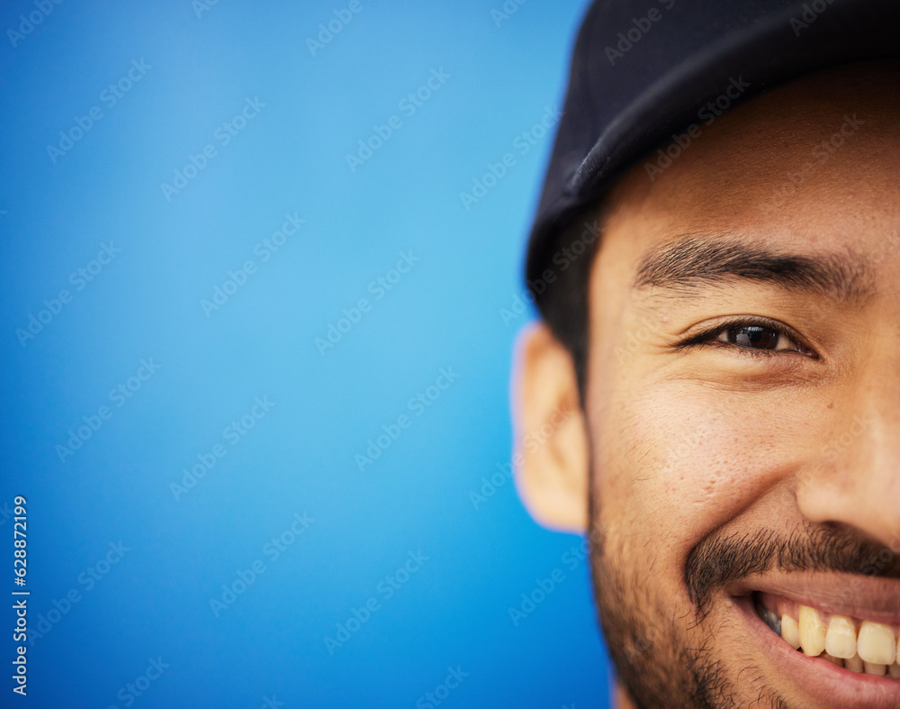 Studio, portrait and closeup on half of man in sports on blue background with advertising, mockup or