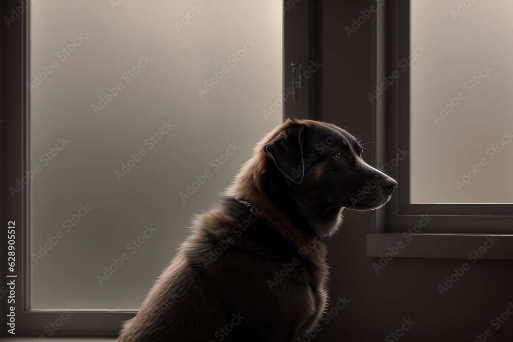 Bored dog near window sill while looking at the rain outside. Side view of black dark dog resting or