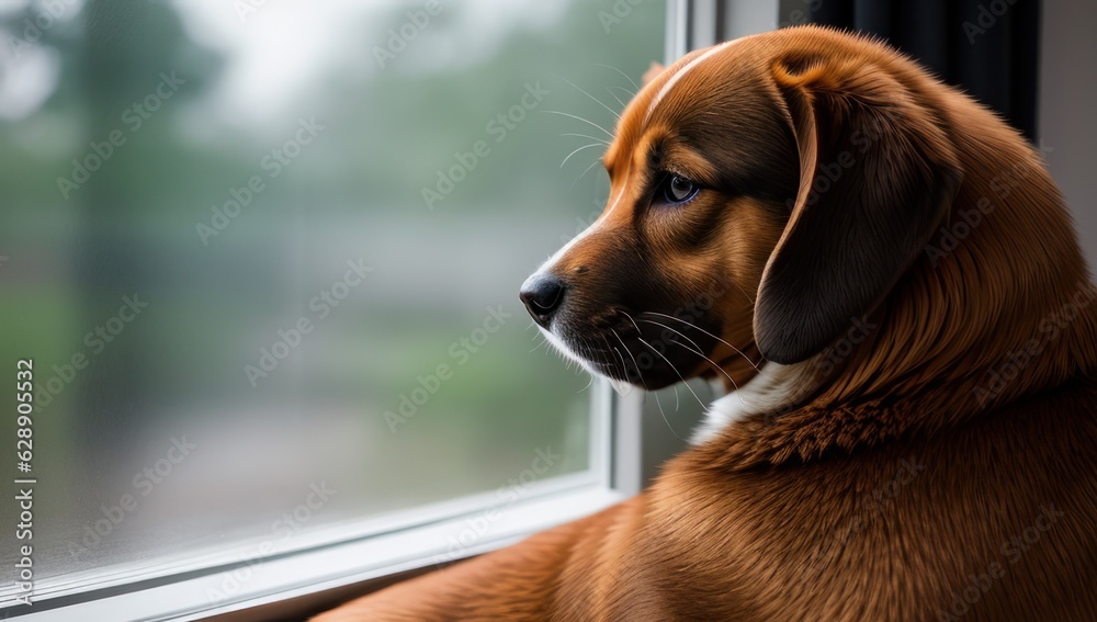 Sad lonely dog with separation anxiety looking out a window for owners to return home