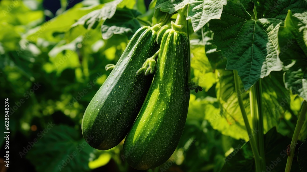 Zucchini with green leaves growing in the vegetable garden.