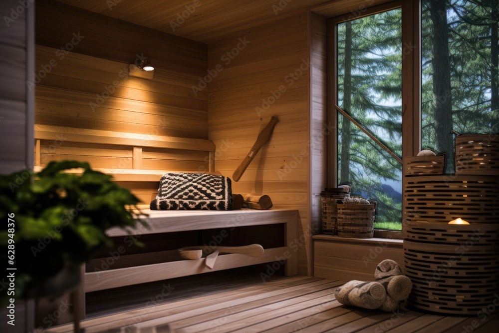 Front view of empty Finnish sauna room. Modern interior of wooden spa cabin with dry steam.