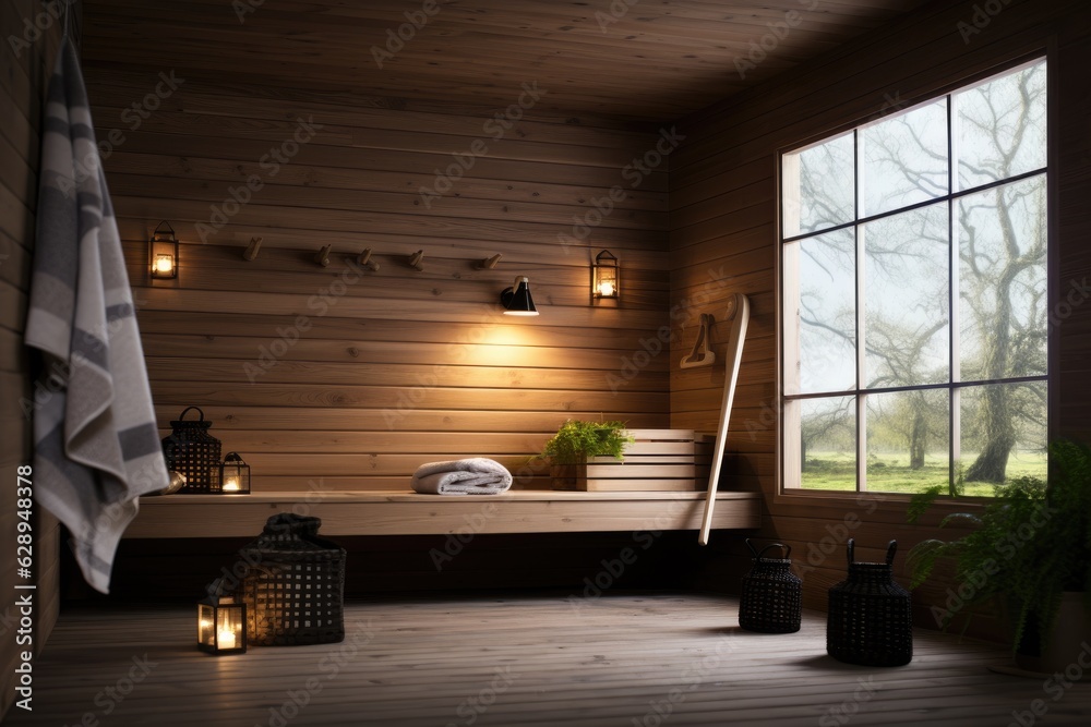 Front view of empty Finnish sauna room. Modern interior of wooden spa cabin with dry steam.