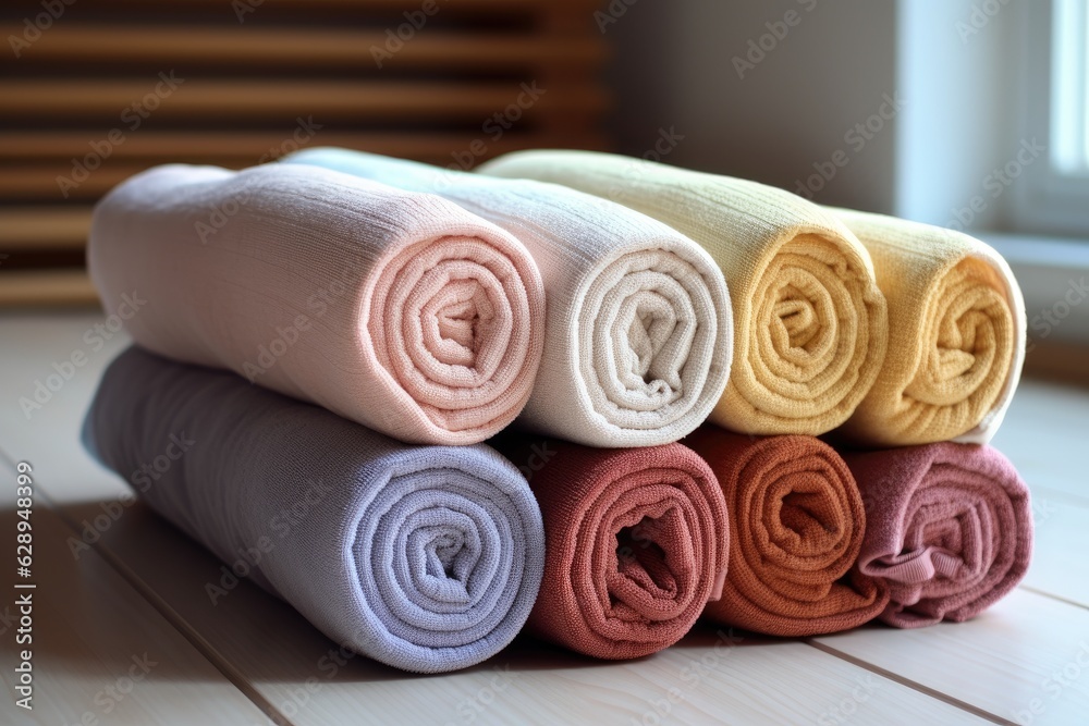 Rolled and prepared towels for guest use.