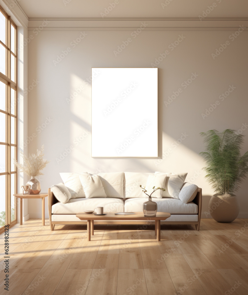 Modern living room with empty frame mockup