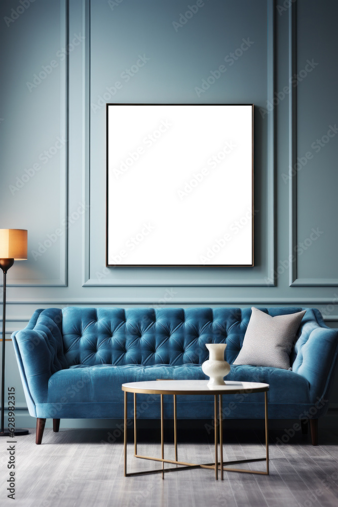 Modern living room with empty frame mockup