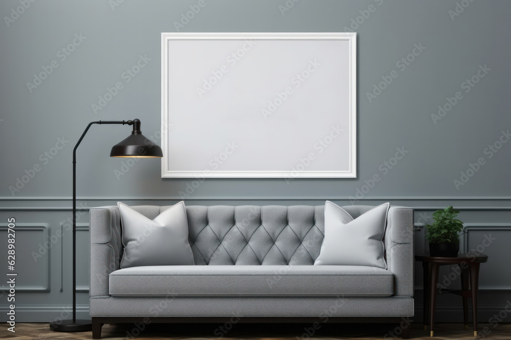 Modern living room with empty frame mockup