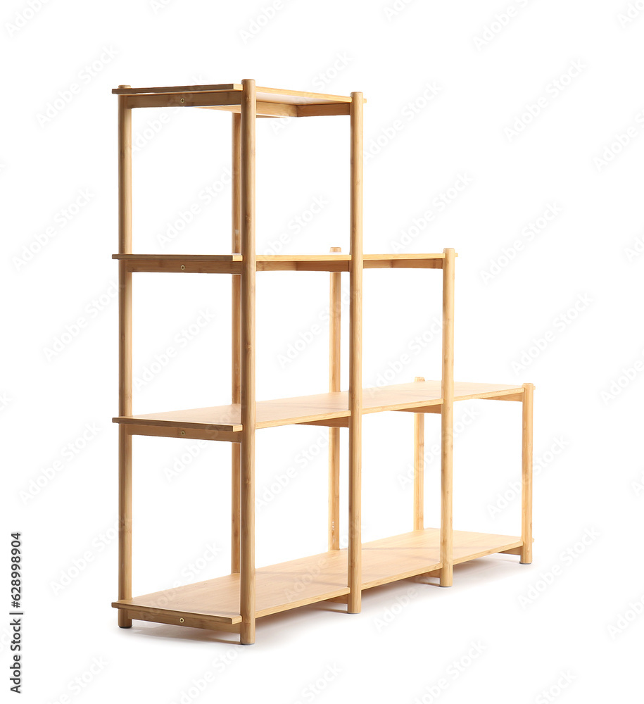 Stylish wooden shelving unit on white background