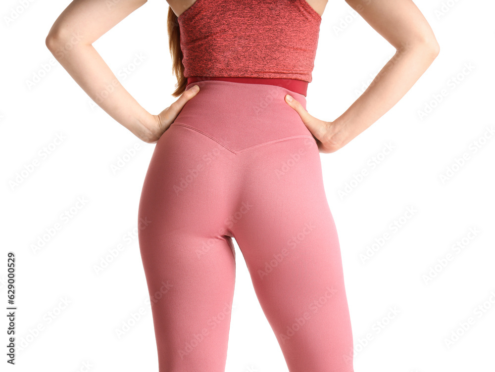 Sporty young woman in leggings on  white background, back view