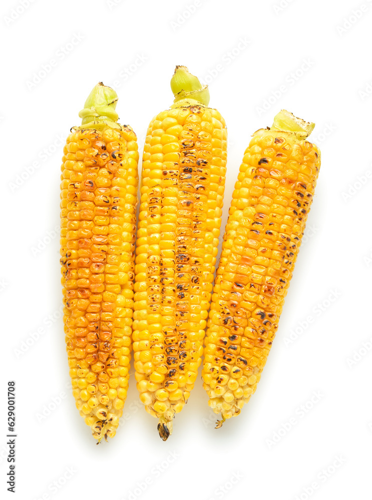 Tasty grilled corn cobs on white background