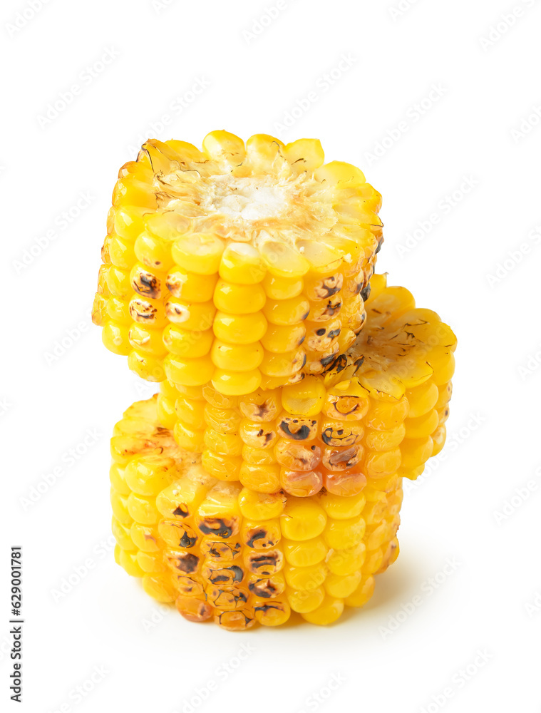 Cut tasty grilled corn cob on white background