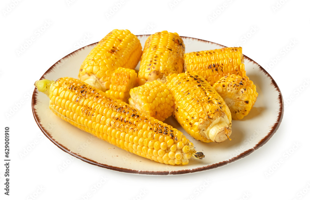 Plate with tasty grilled corn cobs on white background