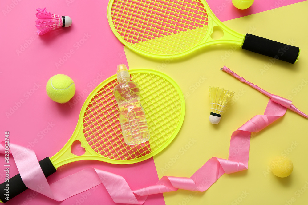 Composition with bottle of water and different sports equipment on color background