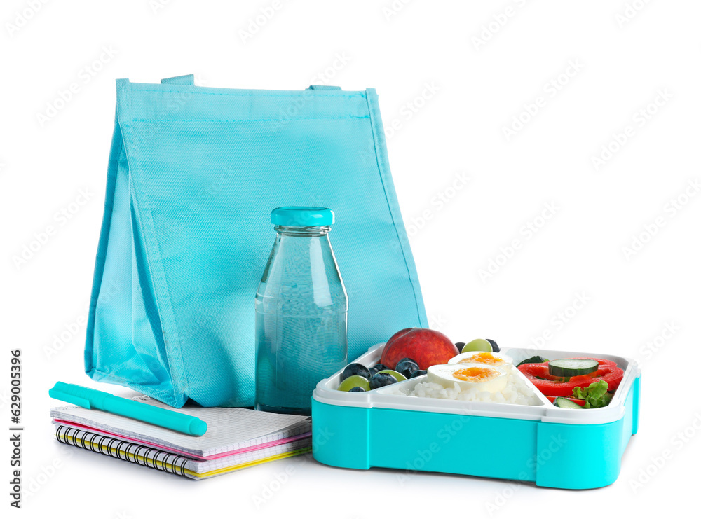 Backpack, stationery, bottle of water and lunchbox with delicious food isolated on white background