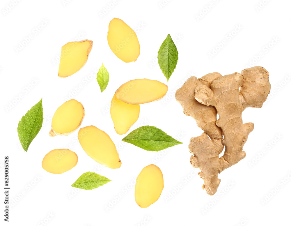 Flying slices of fresh ginger root and leaves on white background