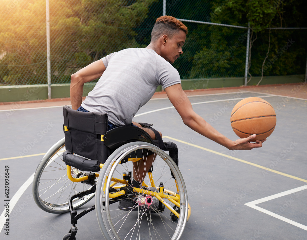 Sports, basketball court and man in wheelchair for playing competition, challenge and practice outdo