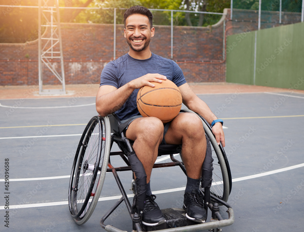 Basketball player, portrait and man in wheelchair for sports, fitness and training game on court. Pe