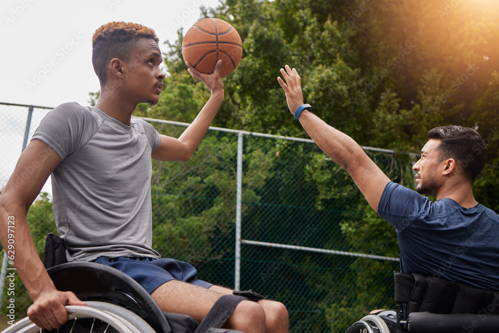 Sports, basketball goal and men in wheelchair for playing competition, challenge and practice outdoo