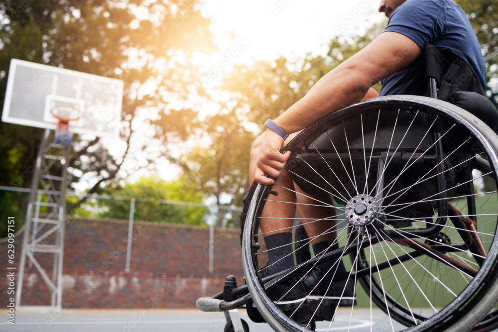 Sports, basketball court and man in wheelchair for goal in competition, challenge and practice outdo