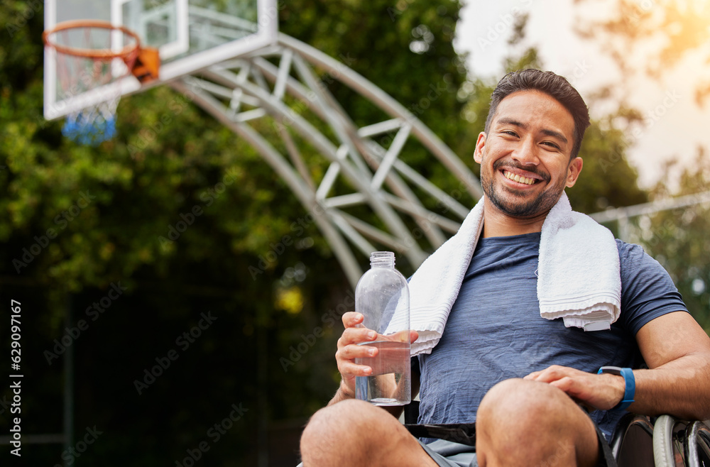 Basketball player, portrait and water for man in wheelchair on sports break, rest and drinking fitne