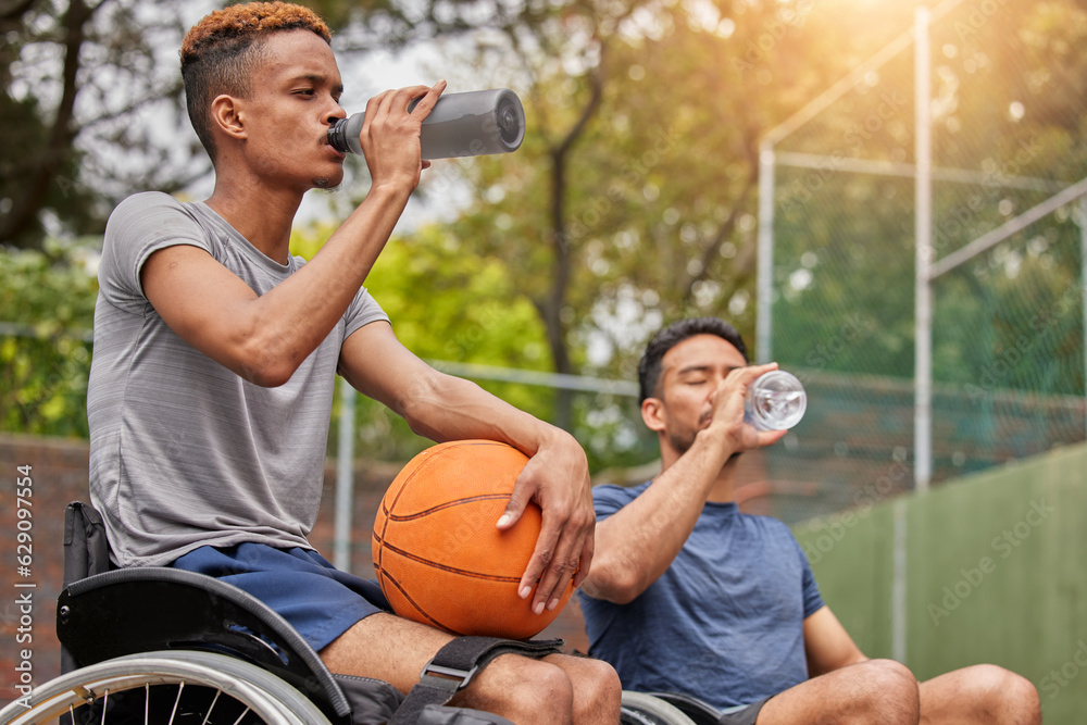 Men in wheelchair, basketball players or drinking water for sports break, rest or court fitness elec