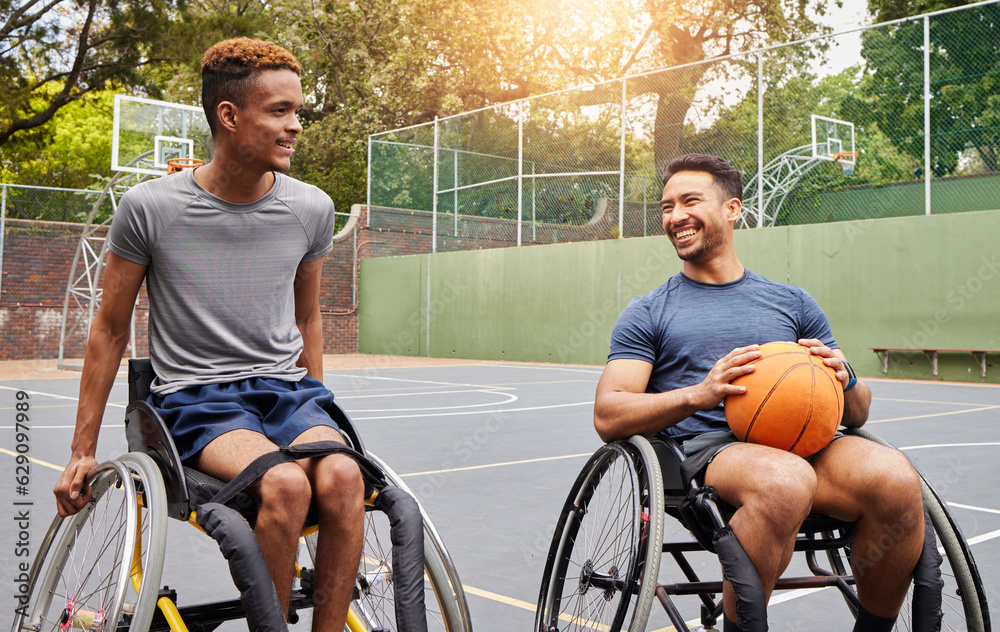 Basketball player, men and team in wheelchair for sports break, rest and fitness on training court. 